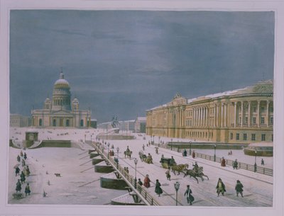 The Isaac Cathedral and the Senate Square in St Petersburg, 1840s (colour litho) by Paul Marie Roussel